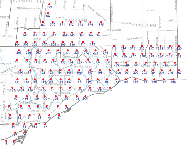 An index map of the area covered by the municipalities of Markham, Pickering, Ajax and Toronto east of Yonge Street, linking to high-resolution scanned aerial photographs.