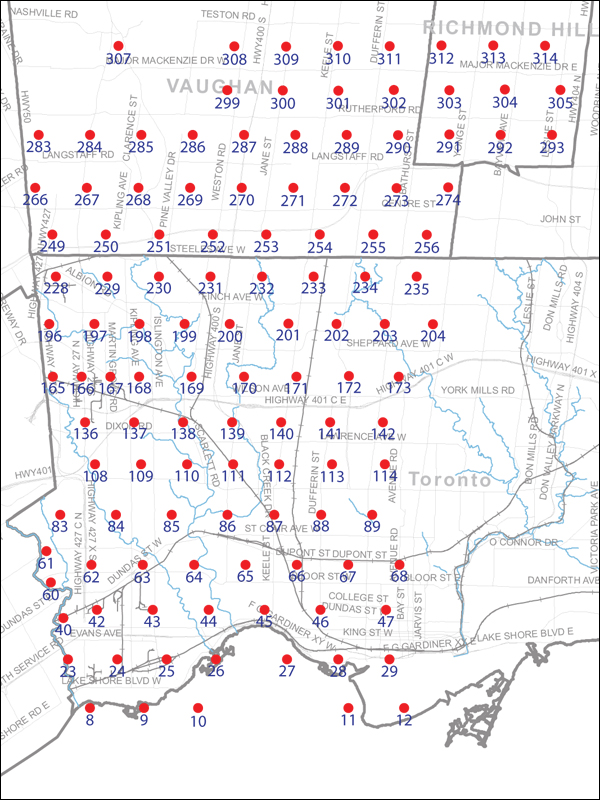 An index map of the area covered by the municipalities of Vaughan, Richmond Hill and Toronto west of Yonge Street, linking to high-resolution scanned aerial photographs.