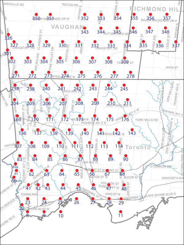 An index map of the area covered by the municipalities of Vaughan, Richmond Hill and Toronto west of Yonge Street, linking to high-resolution scanned aerial photographs.