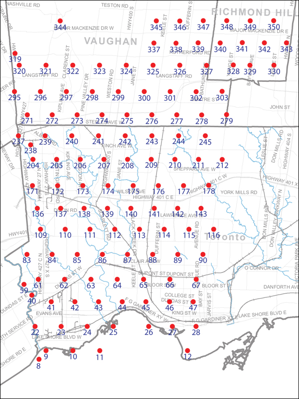 An index map of the area covered by the municipalities of Vaughan, Richmond Hill and Toronto west of Yonge Street, linking to high-resolution scanned aerial photographs.