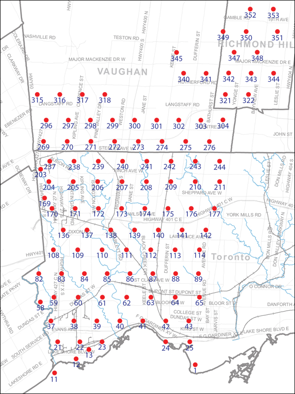 An index map of the area covered by the municipalities of Vaughan, Richmond Hill and Toronto west of Yonge Street, linking to high-resolution scanned aerial photographs.