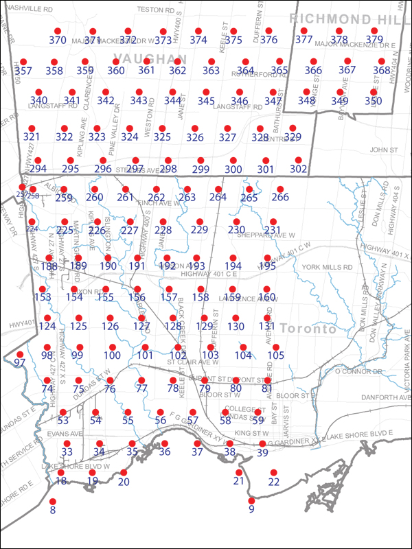 An index map of the area covered by the municipalities of Vaughan, Richmond Hill and Toronto west of Yonge Street, linking to high-resolution scanned aerial photographs.