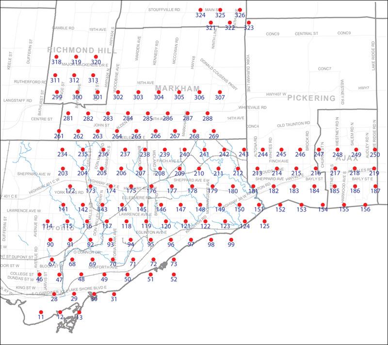 An index map of the area covered by the municipalities of Richmond Hill, Markham, Pickering, Ajax and Toronto east of Yonge Street, linking to high-resolution scanned aerial photographs.