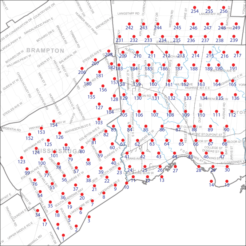 An index map of the area covered by the municipalities of Mississauga, Vaughan and Toronto west of Yonge Street, linking to high-resolution scanned aerial photographs.