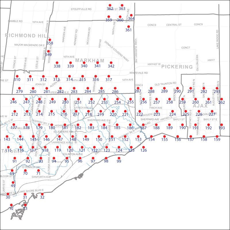 An index map of the area covered by the municipalities of Markham, Pickering, Ajax and Toronto east of Yonge Street, linking to high-resolution scanned aerial photographs.