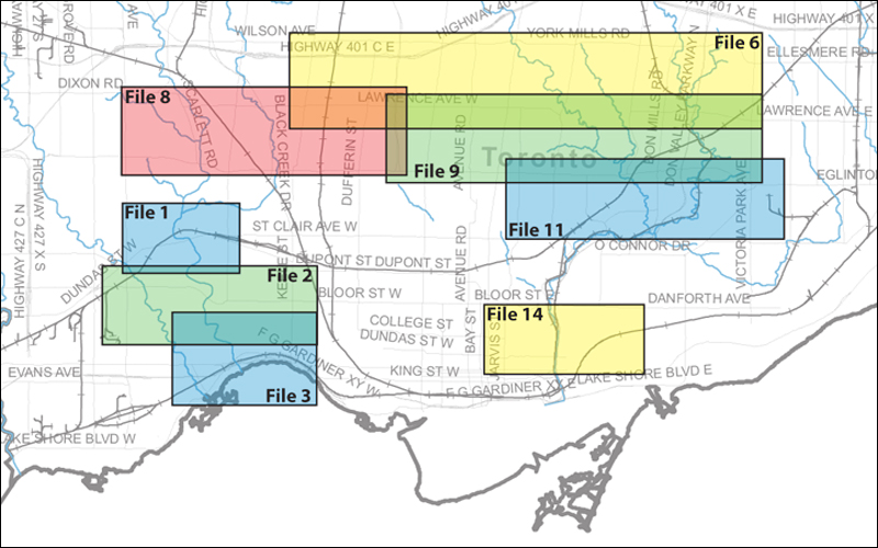 An index map of the City of Toronto bounded by Etobicoke Creek to the west, Steeles Avenue to the north, the Rouge River to the east and Lake Ontario to the south, linking to high-resolution scanned aerial photographs.