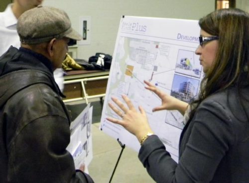 Photo of people chatting at the March 2017 Keele Finch Plus meeting - open house portion.