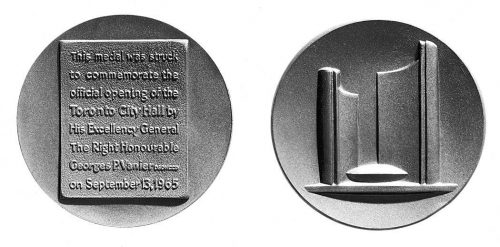 Medallion showing City Hall and text saying that it was opened by George P. Vanier on September 13, 1965