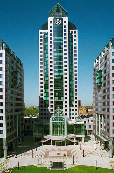 View of the east side of Metro Hall and David Pecaut Square.