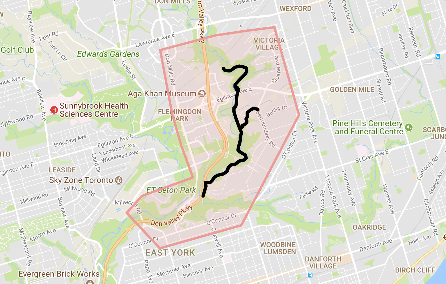 Map of East Don Trail Study Area showing the proposed trail alignment along the Don River from north of Eglinton Avenue southbound to Coxwell Ravine Park.