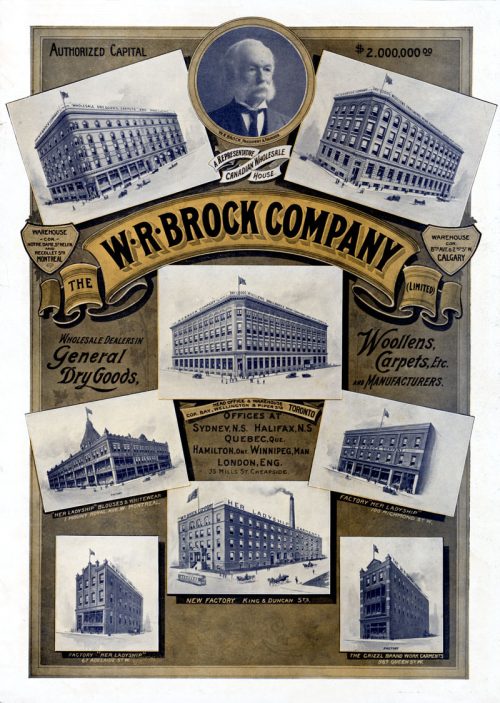 Ad shows warehouses and factories of the W.R. Brock Company Limited in several cities across Canada. The central image shows the company's Toronto headquarters as the were rebuilt after the fire.