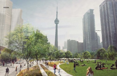 Conceptual rendering of Rail Deck Park facing the CN Tower