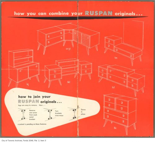 Line drawing of furniture with doors and drawers.