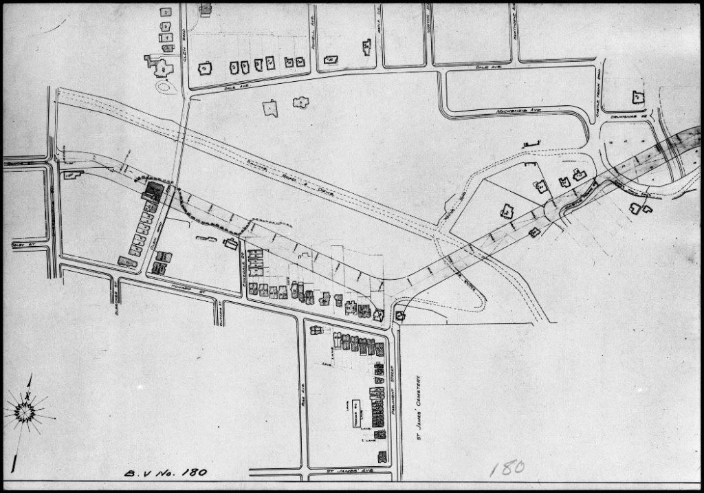 Map showing route of viaduct and location of existing houses.