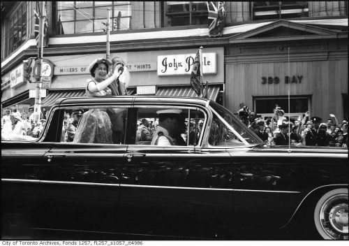 Queen Elizabeth II, in automobile on Bay Street, 1959