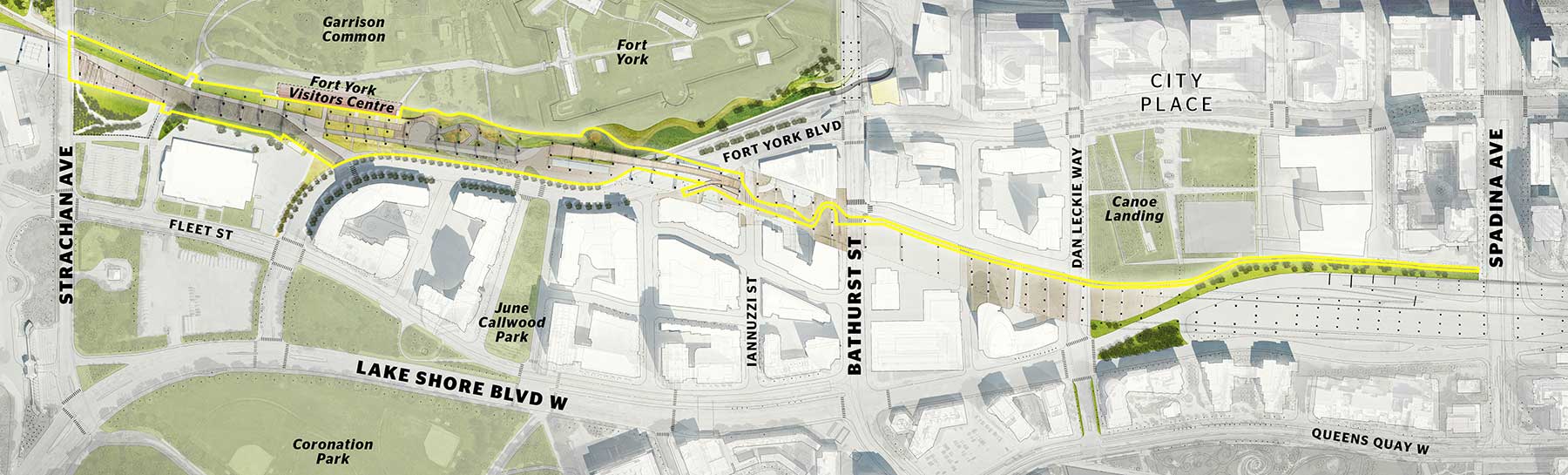 Map of the Bentway project area, spanning from Strachan Avenue in the west to Spadina Avenue in the east