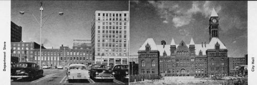 View from New City Hall site looking east at Old City Hall and department stores