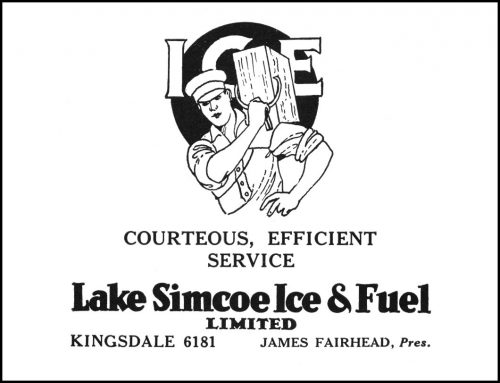 Ad showing strong man supporting a block of ice on his shoulder.
