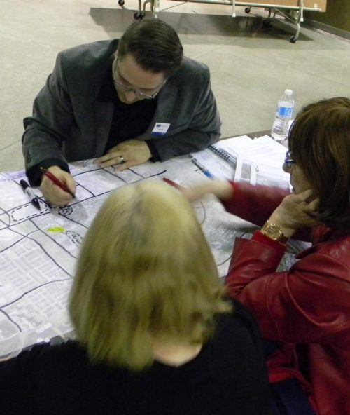 Attendees of the March 2017 Keele Finch Plus public workshop working with a facilitator.