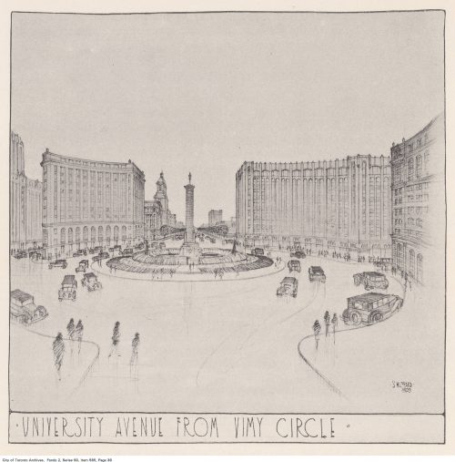 Sketch of proposed traffic circle at intersections of Queen Street and University Avenue