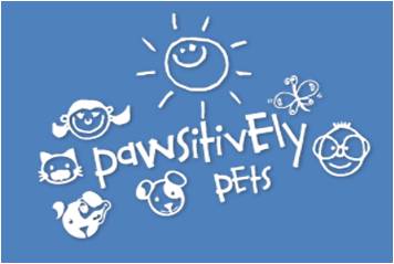 logo for pawsitively pets with illustrated sun and dogs