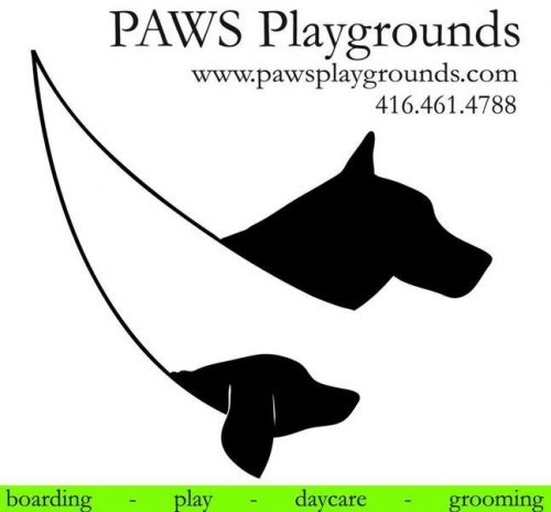 logo for Paws Playgrounds with url and phone number 