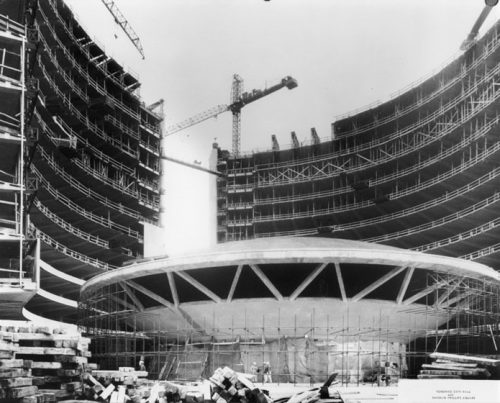 Looking up at round Council Chamber and surrounding towers under construction