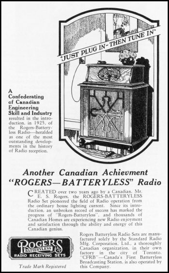 Ad showing cabinet-style radio that you "just plug in then tune in."