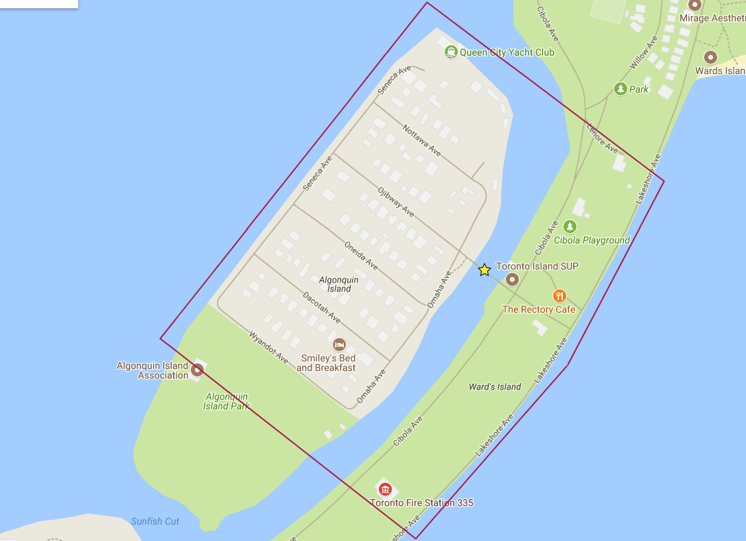 Graphic of a map showing the borders to the study area along the perimeter of Algonquin Island, extending east to Ward's Island, north to Lenore Avenue.
