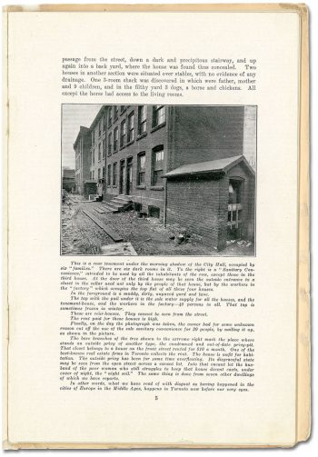 Page of a book with a photograph of a three-storey brick building and shed.