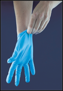 Putting on blue latex glove