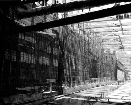 Reinforcing steel rods before concrete is poured