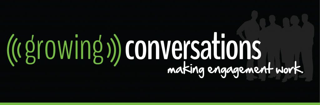 Growing Conversations logo with silhouette of a group of people behind it