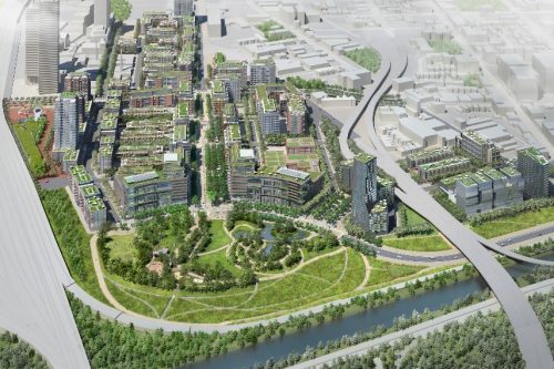 Conceptual rendering of the West Don Lands neighbourhood with a focus on Corktown Commons