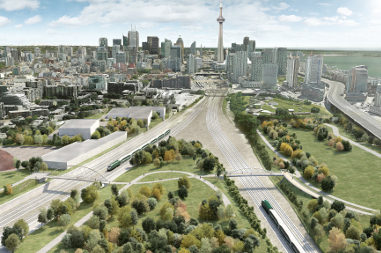 Overhead conceptual rendering of Garrison Crossing facing east with the CN Tower in the background