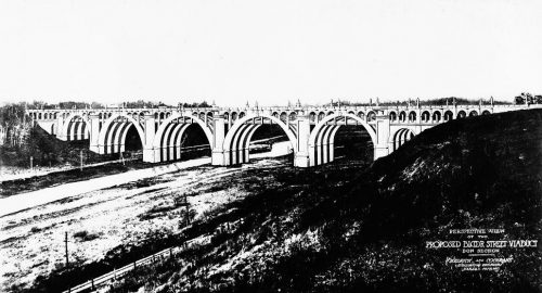 Drawing showing viaduct with many concrete arches.