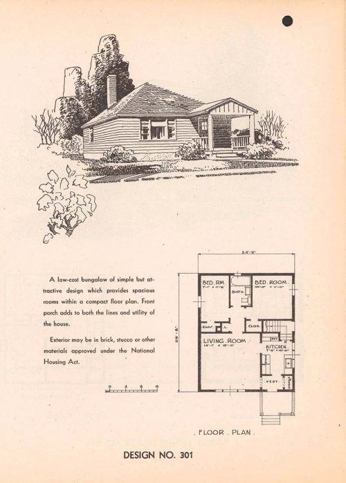 Sketch and floor plan of small two-bedroom house with small front porch