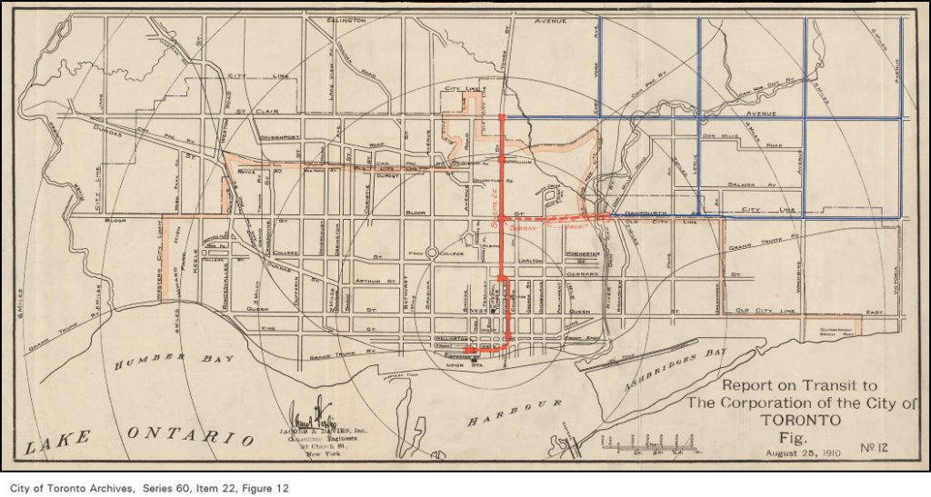 Map showing path of subway line from Union Station up Yonge to St. Clair.