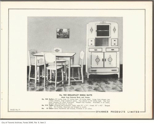 Catalogue page showing white-painted chairs, table and sideboard.