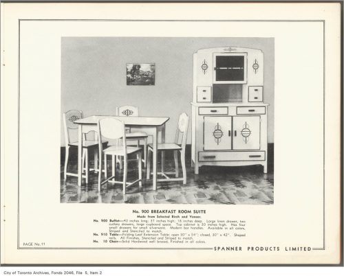 Catalogue page showing white-painted chairs, table and sideboard.