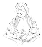 woman holding 2 babies in cradle position