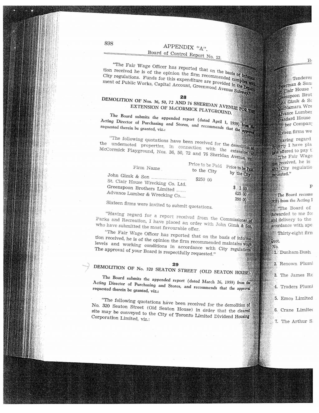 Board of Control Report No. 7, Appendix A, 1959: "Proposed Housing Project - 320 Seaton Street" and "Demolition of No. 320 Seaton Street (Old Seaton House)".