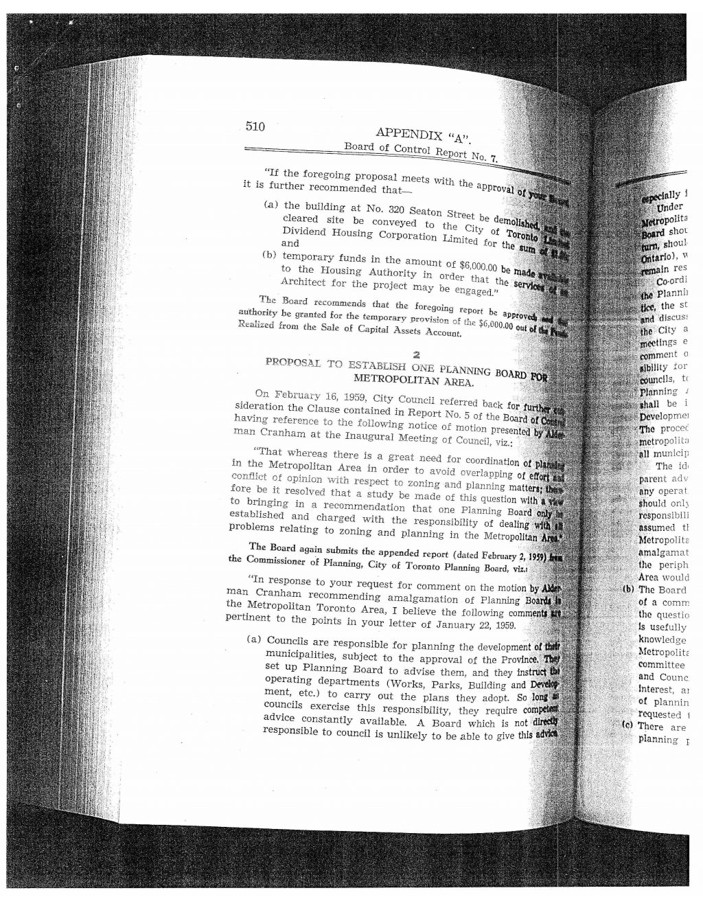 Board of Control Report No. 7, Appendix A, 1959: "Proposed Housing Project - 320 Seaton Street" and "Demolition of No. 320 Seaton Street (Old Seaton House)".