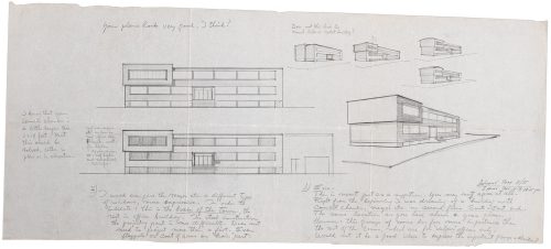 Sketch of long, low building with rows of horizontal windows.