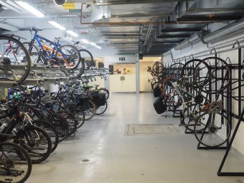 Photograph of an indoor bicycling station