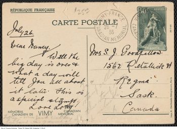 Reverse of postcard sent from Vimy
