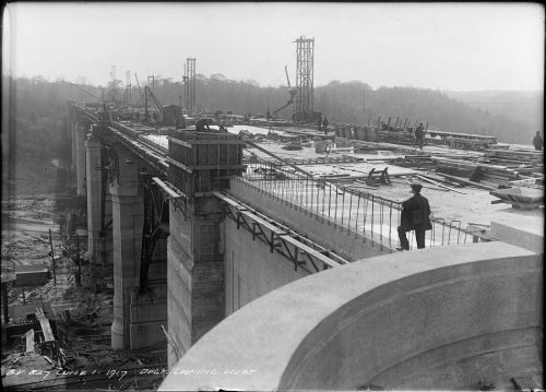 Looking over roadbed of viaduct under construction.