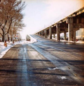 Ramp leads from ground level up to elevated expressway