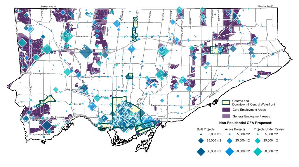 A map describing the location, status, and scale of proposed non-residential projects across the city of Toronto between January 1, 2012 and December 31, 2016. The Centres, Downtown, Central Waterfront, and the Avenues have been delineated on the map. The status (built, active, and under review) of the proposed non-residential projects are visualized in different colours. The scale of individual projects is represented by relatively sized circles, the larger the circle, the greater the amount of non-residential gross floor area. The technology to convert the maps on this page to an accessible format is not currently available. These maps may not be compatible with screen reader software. If you are unable to access these maps please contact Hailey Toft, City Planning, cityplanning@toronto.ca, 416-392-8343.