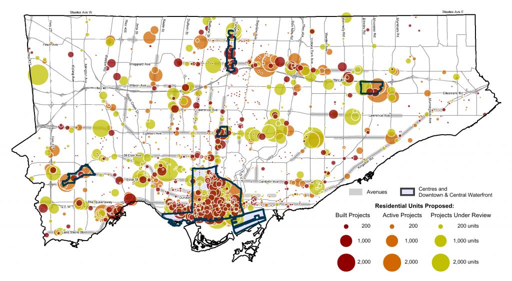 A map describing the location, status, and scale of proposed residential projects across the city of Toronto between January 1, 2012 and December 31, 2016. The Centres, Downtown, Central Waterfront, and the Avenues have been delineated on the map. The status (built, active, and under review) of the proposed residential units are visualized in different colours. The scale of individual projects is represented by relatively sized circles, the larger the circle, the greater the number of proposed residential units. The technology to convert the maps on this page to an accessible format is not currently available. These maps may not be compatible with screen reader software. If you are unable to access these maps please contact Hailey Toft, City Planning, cityplanning@toronto.ca, 416-392-8343.